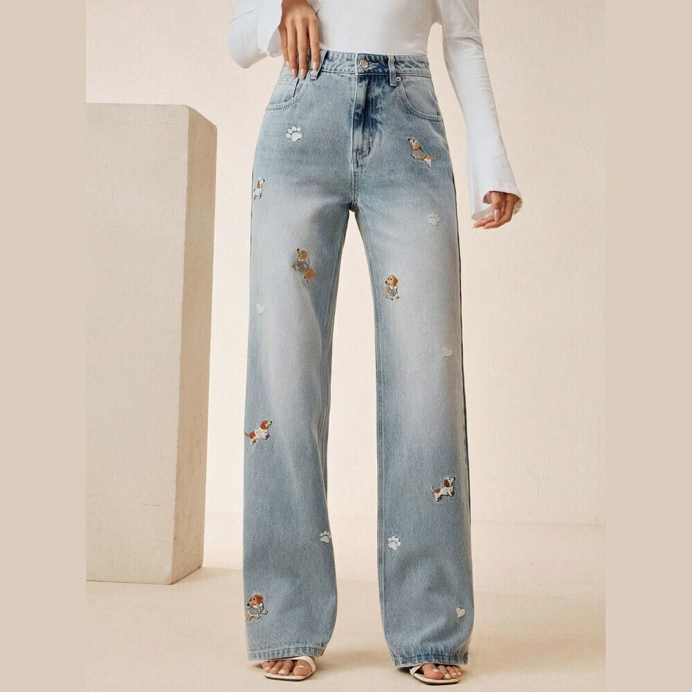 Light Blue Denim Wide Leg Jeans with Dog & Paw Print Embroidery